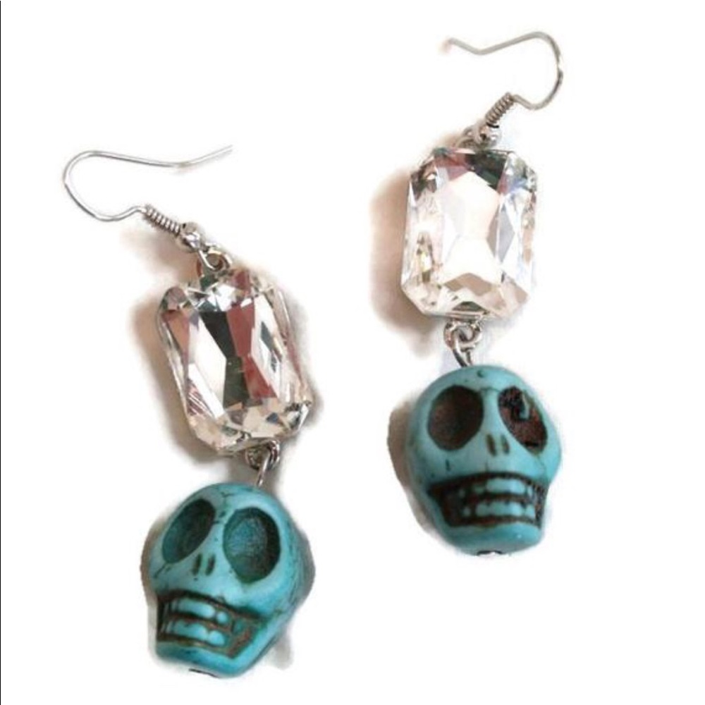 HANDMADE! • crystal + turquoise skull earrings - Picture 1 of 1